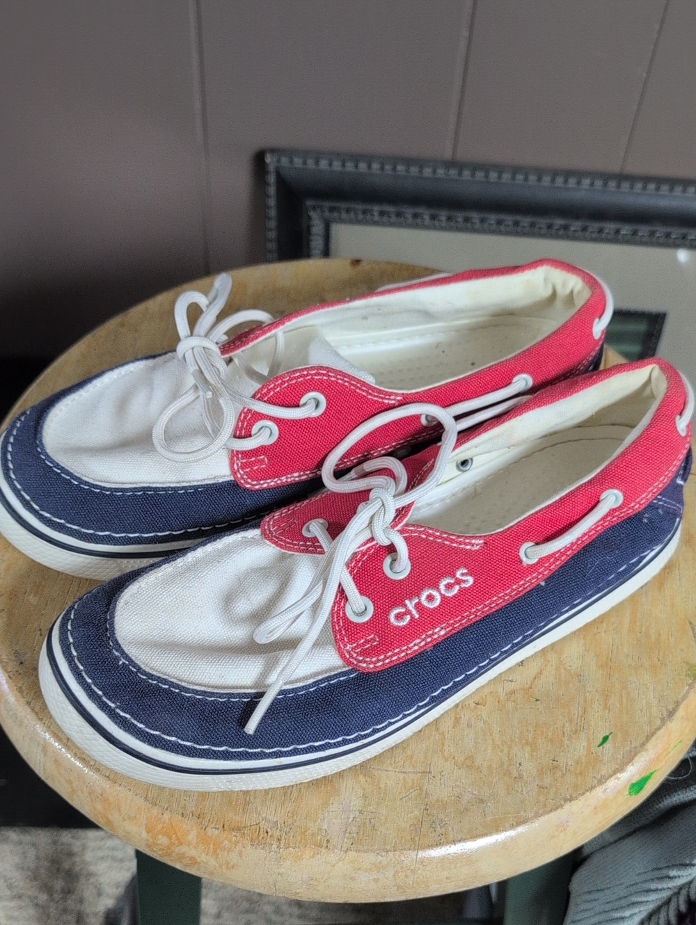CROCS Women's Tricolor Canvas Boat Shoes in Red, Navy & White